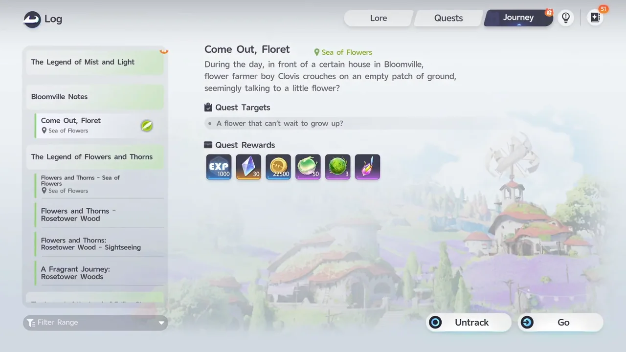 The Come Out, Floret entry in the Journey log, showing its quest target and rewards