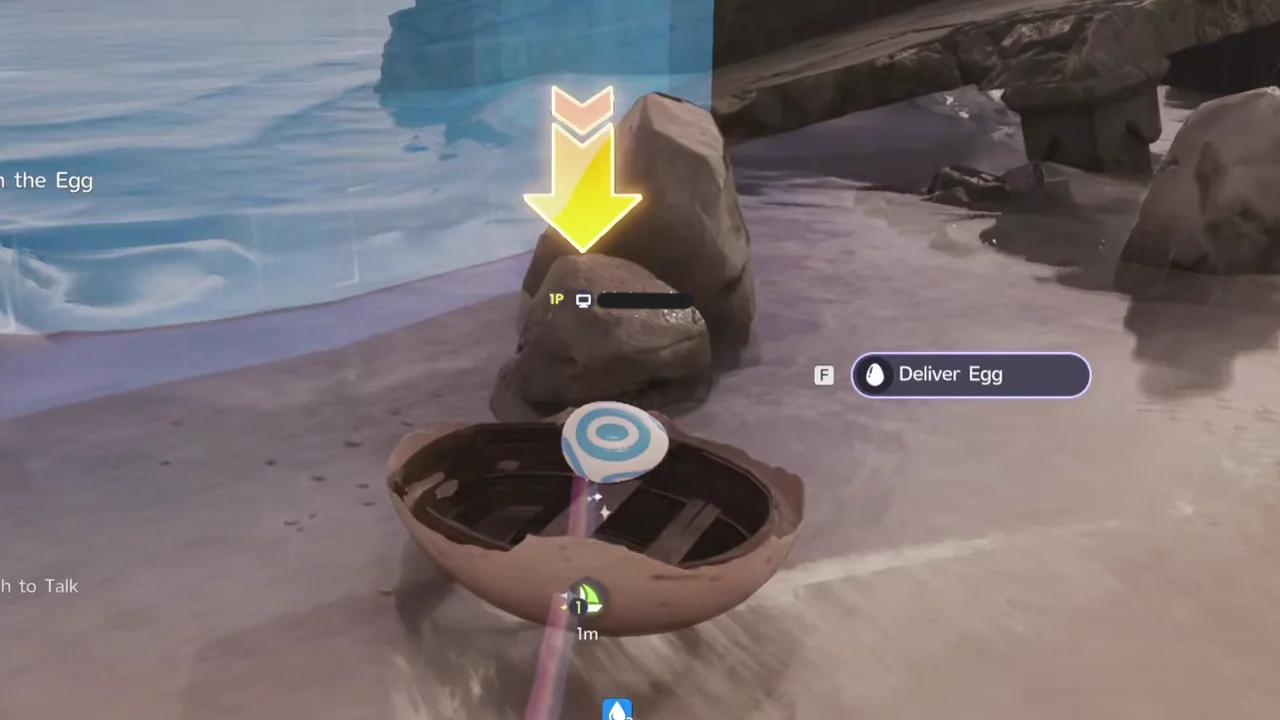 A player at the egg-shaped boat with the Deliver Egg prompt on screen