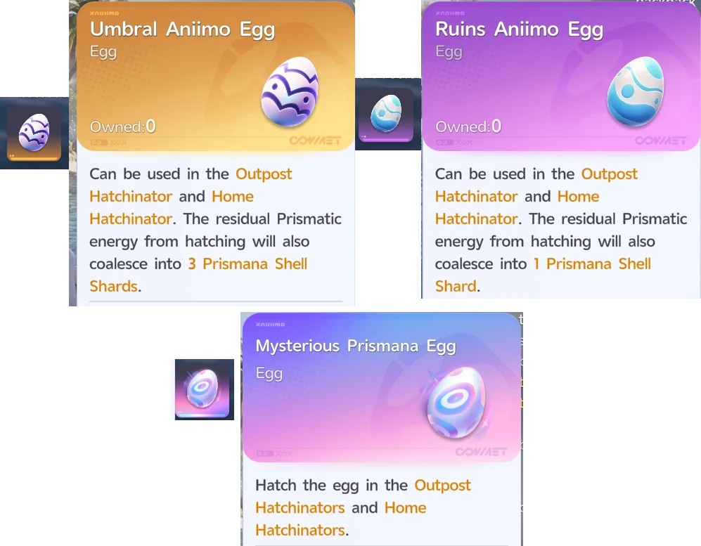 Item descriptions for the Umbral Aniimo Egg, Ruins Aniimo Egg, and Mysterious Prismana Egg