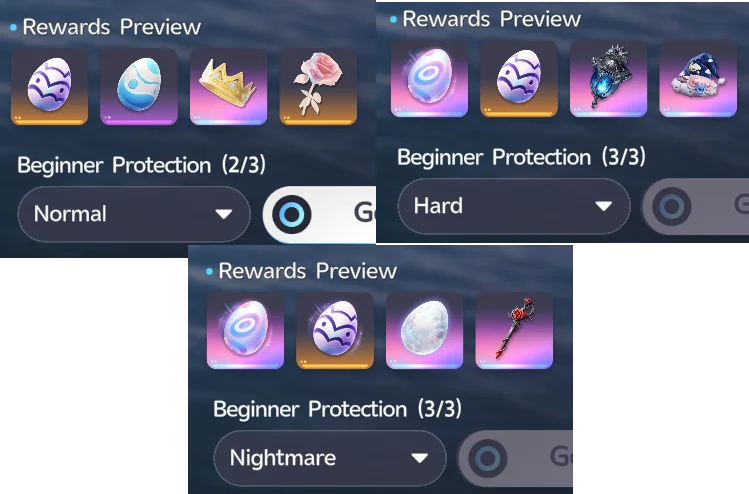 The Rewards Preview on Normal, Hard, and Nightmare, with the Mysterious Prismana Egg appearing on Hard and Nightmare