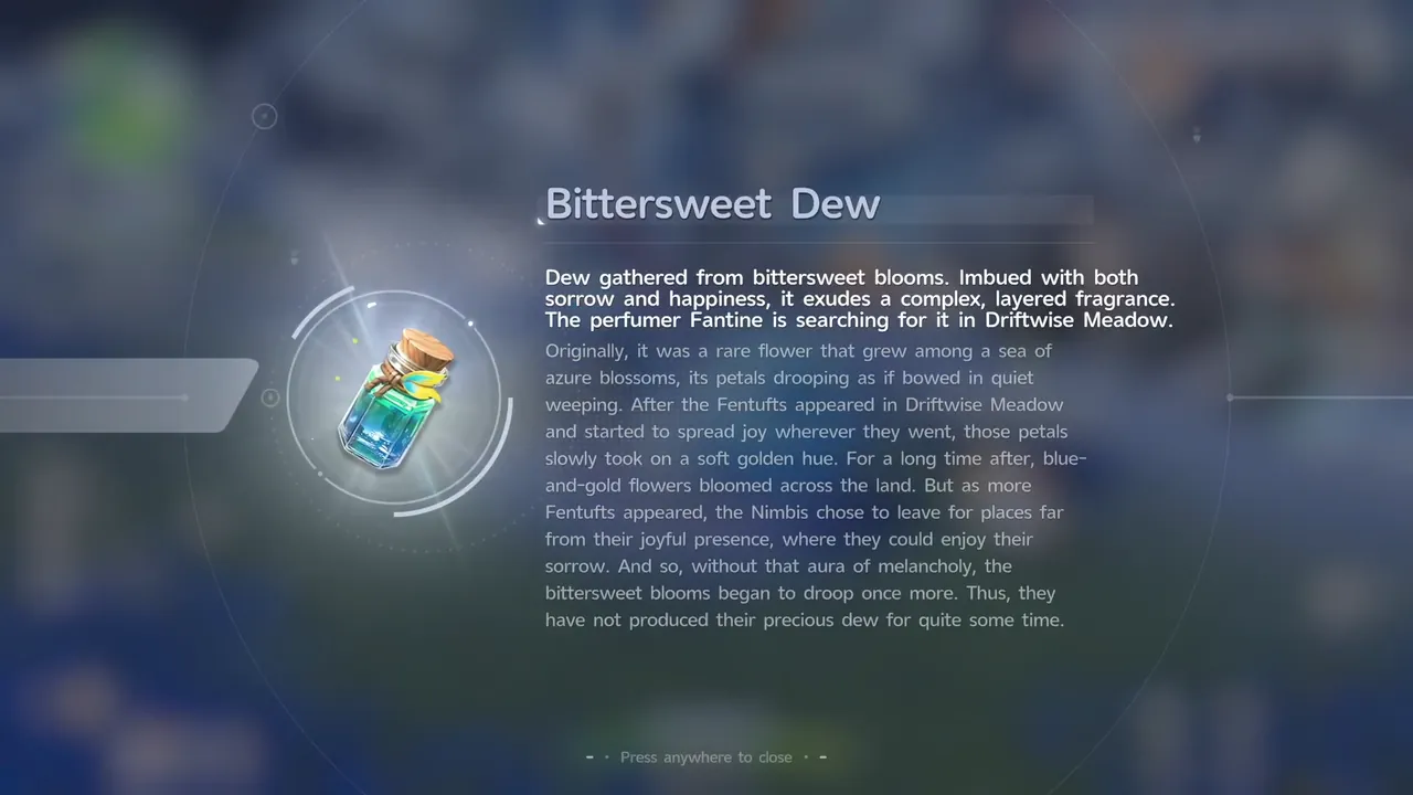 The Bittersweet Dew item details screen