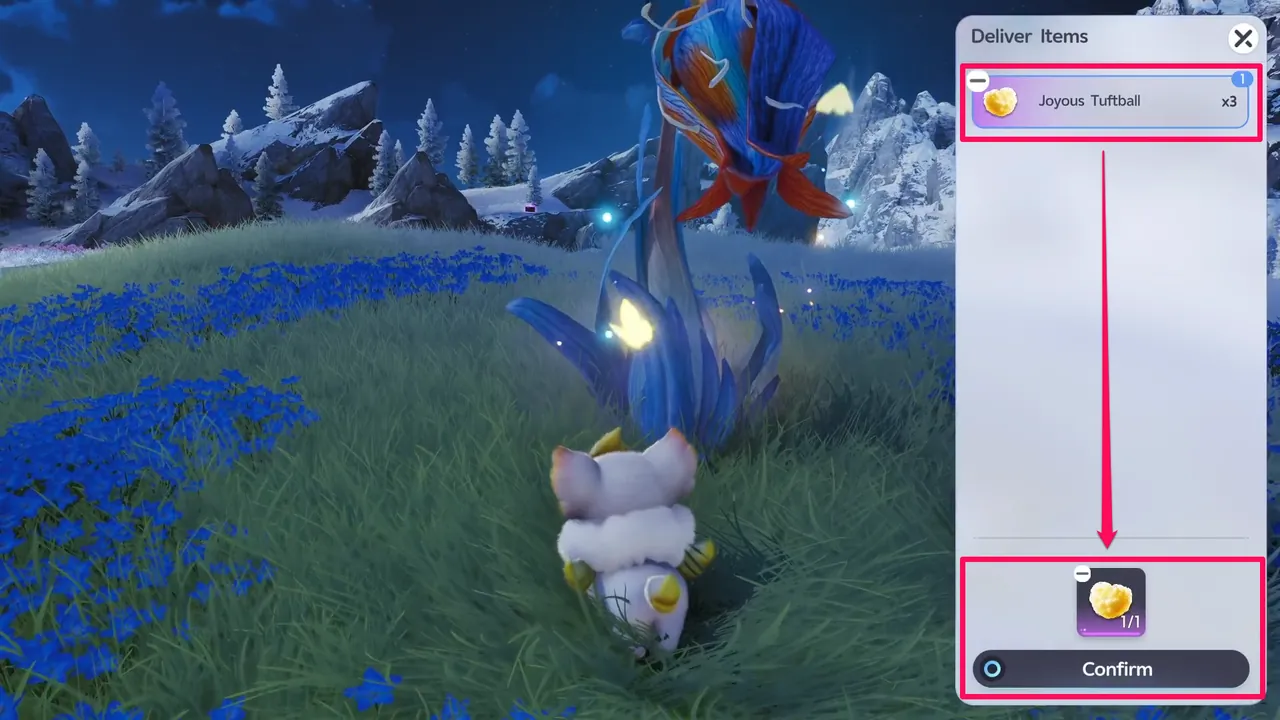 The Deliver Items screen for handing a Joyous Tuftball to Big One