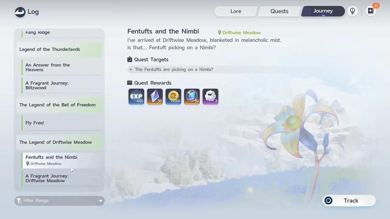 The quest screen in the Log, showing the quest's rewards