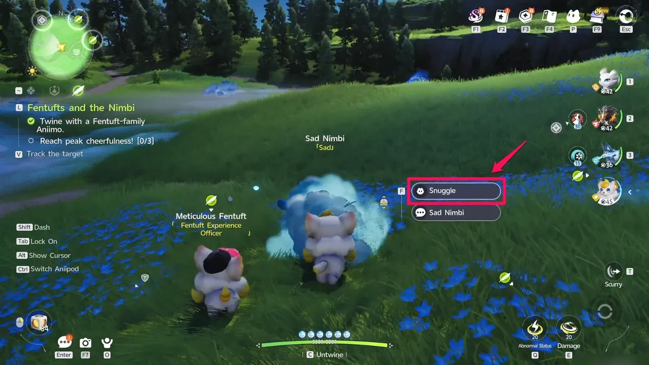 The Snuggle option on the Sad Nimbi, with Reach peak cheerfulness! [0/3] in the quest tracker
