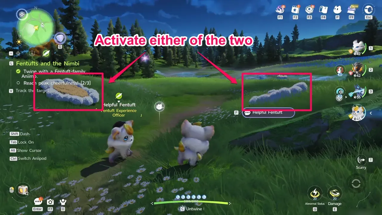 The two Springy Tuftballs near the Helpful Fentuft; activate either one with Scurry