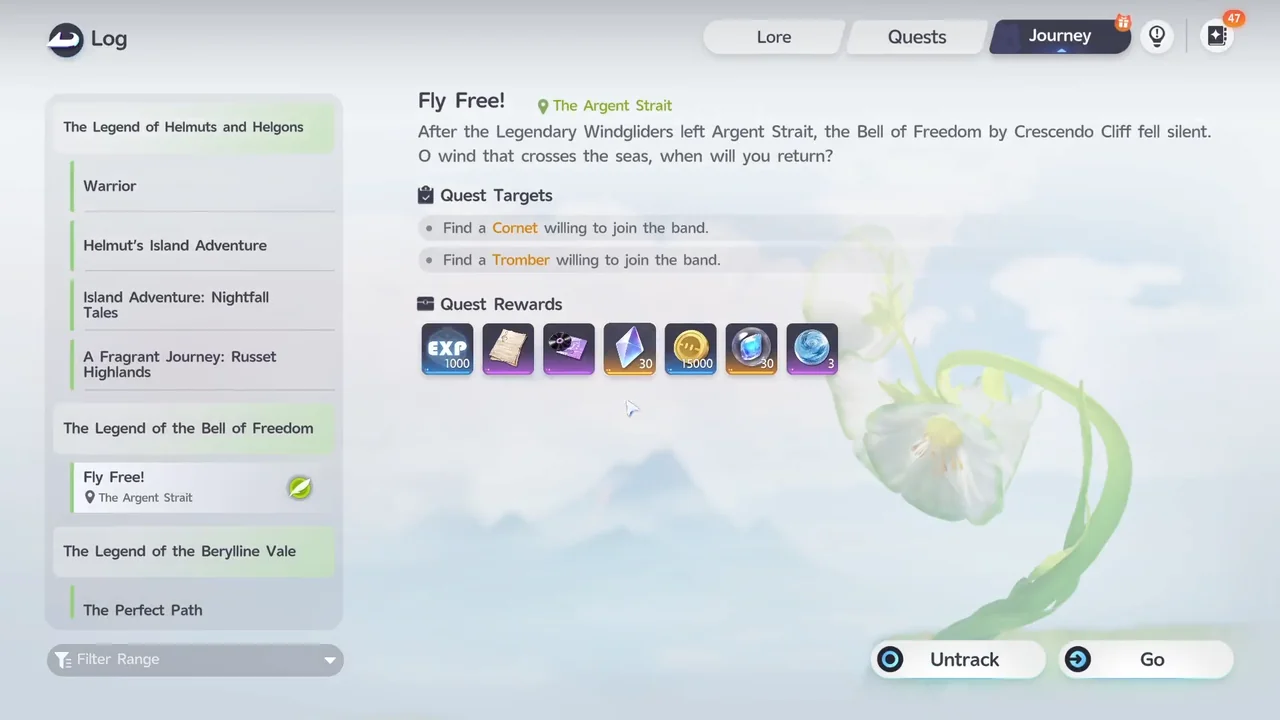 The Fly Free! entry in the Journey log, showing its quest targets and rewards