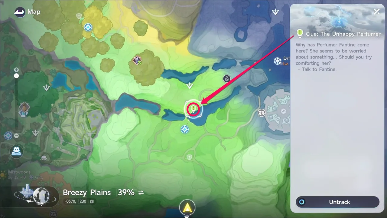 The map with the lightbulb icon for the Clue The Unhappy Perfumer circled by the river, and the Clue panel reading Talk to Fantine