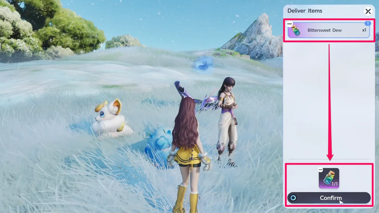 The Deliver Items screen next to Fantine, with Bittersweet Dew x1 selected and the Confirm button below