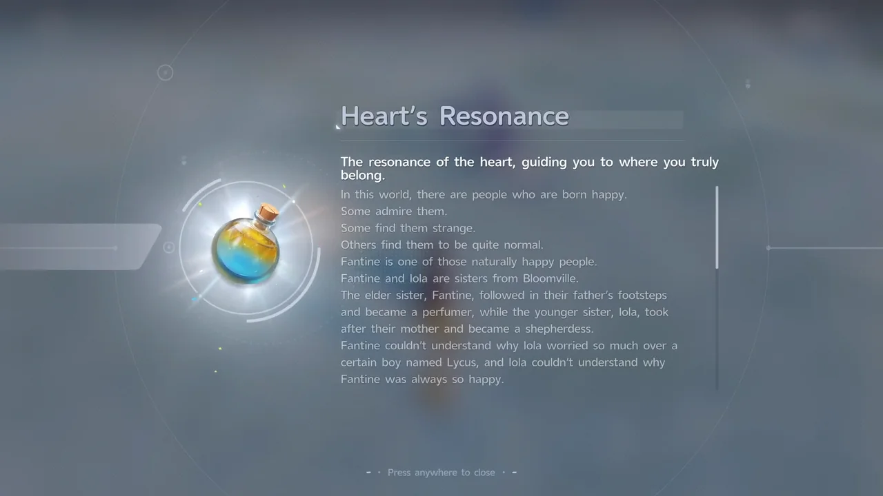 The Heart’s Resonance item details, with its description about Fantine and her sister Iola