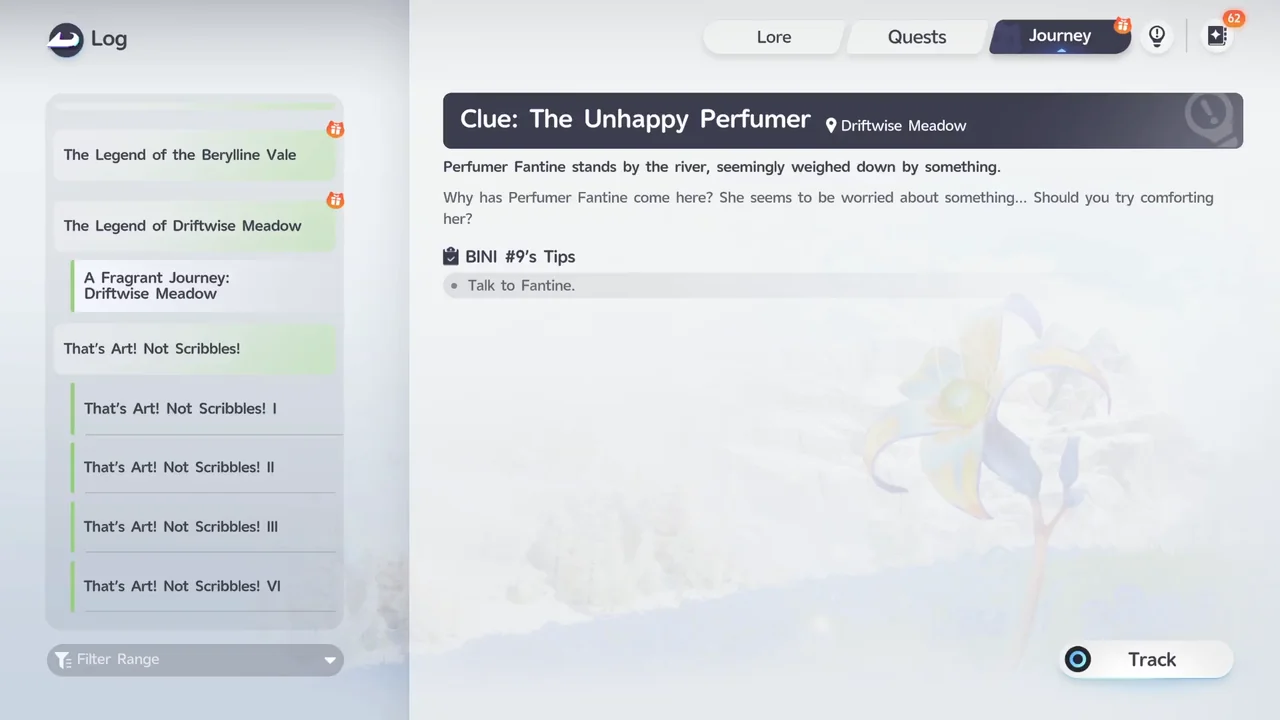 The Log before talking to Fantine, where the quest's details only show the Clue The Unhappy Perfumer and the tip Talk to Fantine