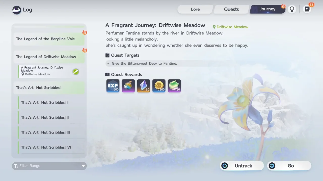 The Journey tab of the Log, showing A Fragrant Journey: Driftwise Meadow with its quest target and rewards
