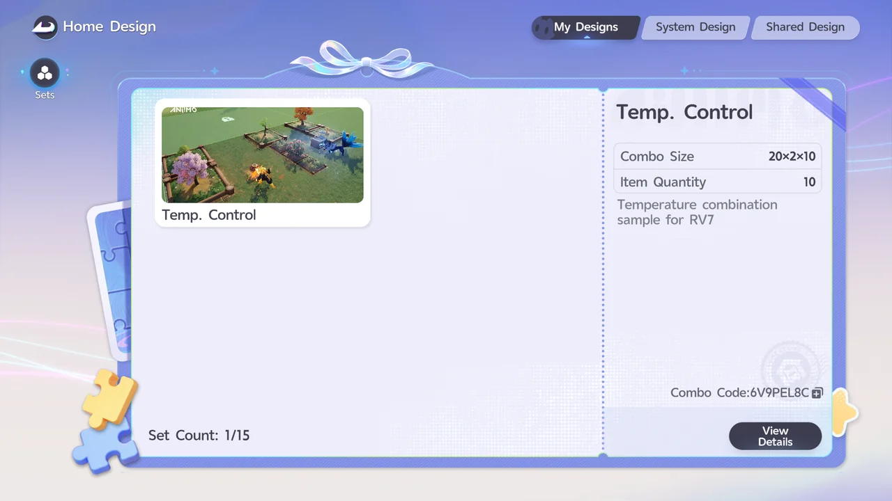 The Home Design screen showing the Temp. Control Combo with its Combo Size, Item Quantity, description, and Combo Code