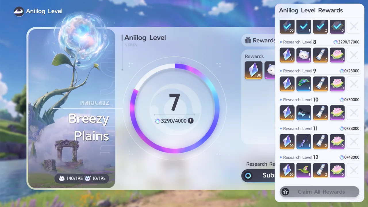 The Aniilog Level Rewards panel, where each Research Level reward includes 100 Glimmer