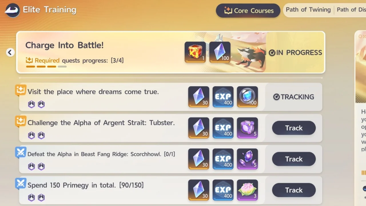 The Elite Training Core Courses screen, where each quest in the chapter Charge Into Battle! lists 30 Glimmer and the chapter reward lists 100