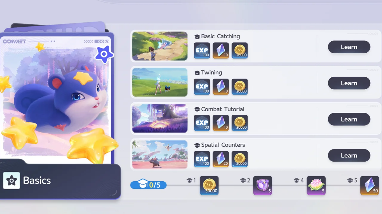 The Basics Course list, showing the Glimmer reward for each topic and 50 Glimmer for completing all 5