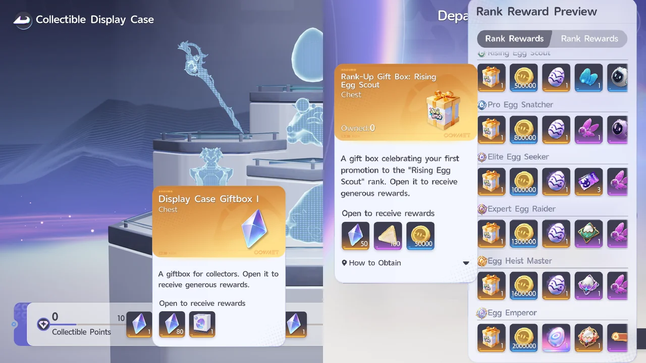 The Collectible Display Case with Display Case Giftbox I opened to show 80 Glimmer, next to the Rank-Up Gift Box for Rising Egg Scout showing 50 Glimmer