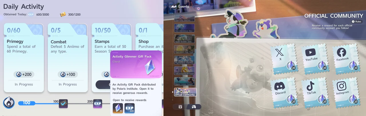 The Daily Activity screen with the Activity Glimmer Gift Pack opened, showing 30 Glimmer and 600 EXP inside, next to the Events menu