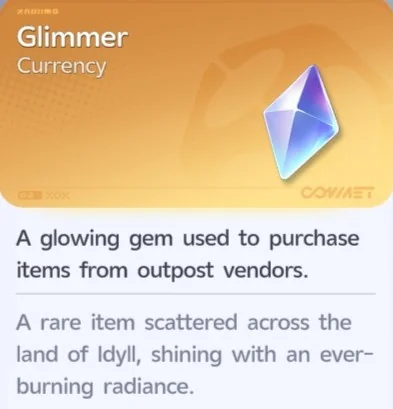 The Glimmer item tooltip, labeled Currency, with the description A glowing gem used to purchase items from outpost vendors
