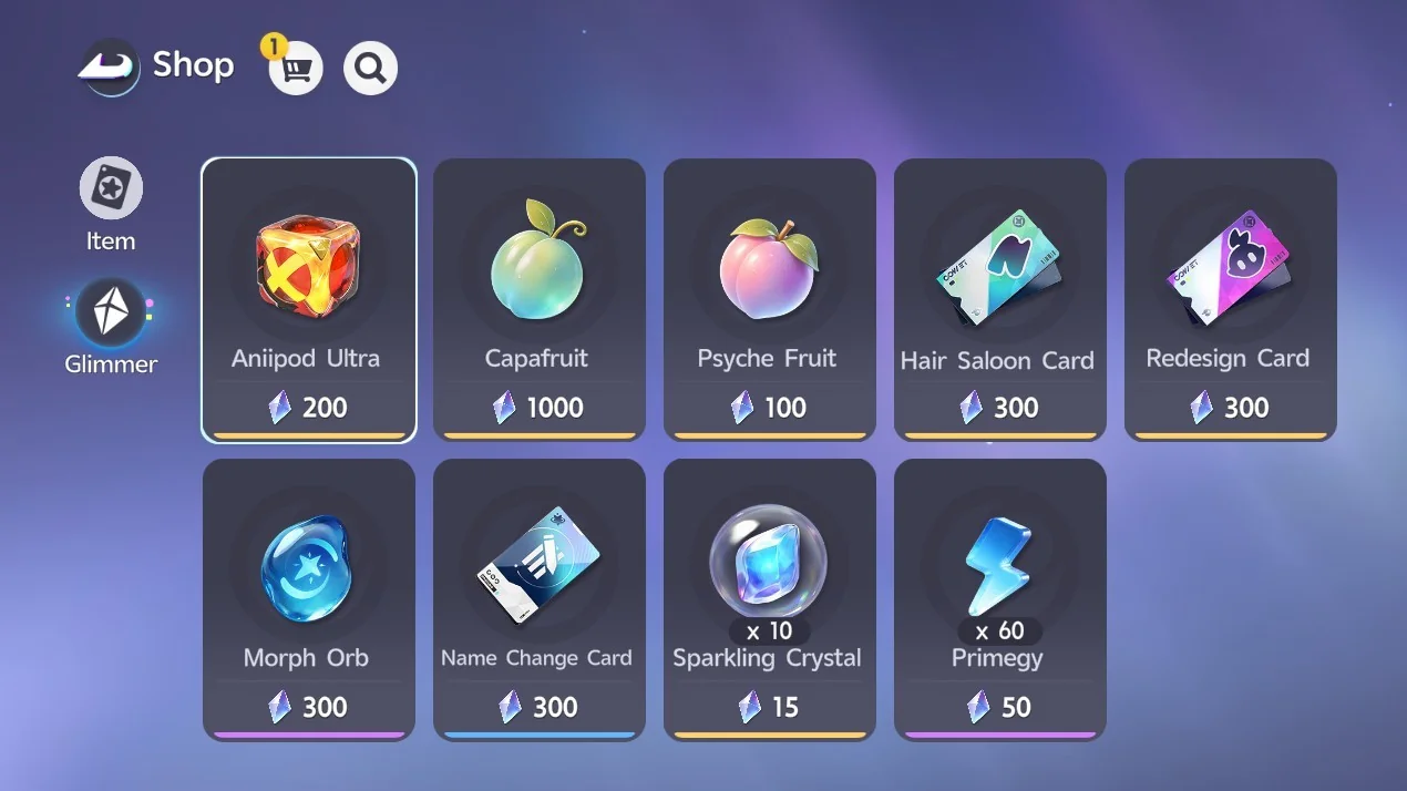 The Glimmer tab of the Shop, listing all nine items with their Glimmer prices