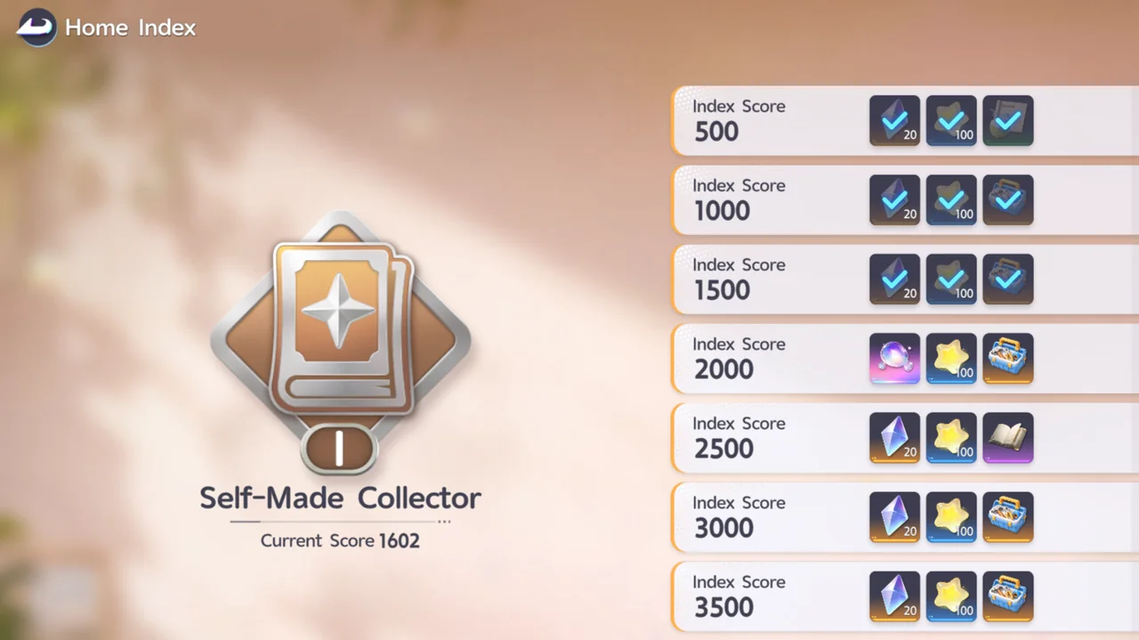 The Home Index reward list, with 20 Glimmer at each 500-point milestone and a Dream Spark at 2000