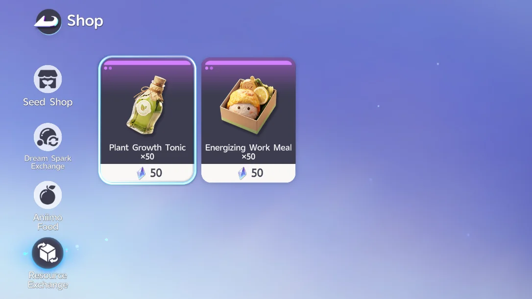 The Homeland Resource Exchange, with Plant Growth Tonic x50 and Energizing Work Meal x50 at 50 Glimmer each