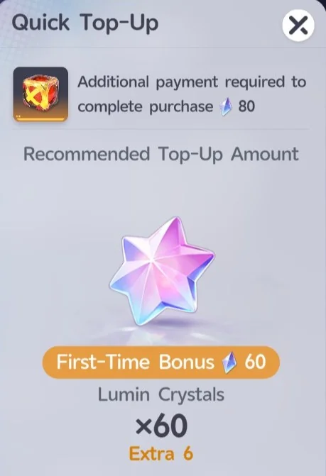 The Quick Top-Up screen that appears when Glimmer runs short, recommending a Lumin Crystal top-up