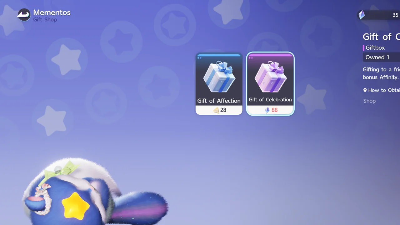 The Mementos Gift Shop, with Gift of Celebration priced at 88 Glimmer