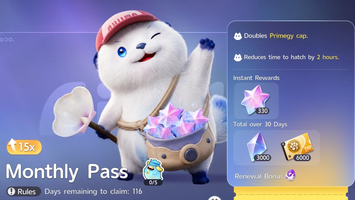 The Monthly Pass screen, listing 3000 Glimmer under Total over 30 Days