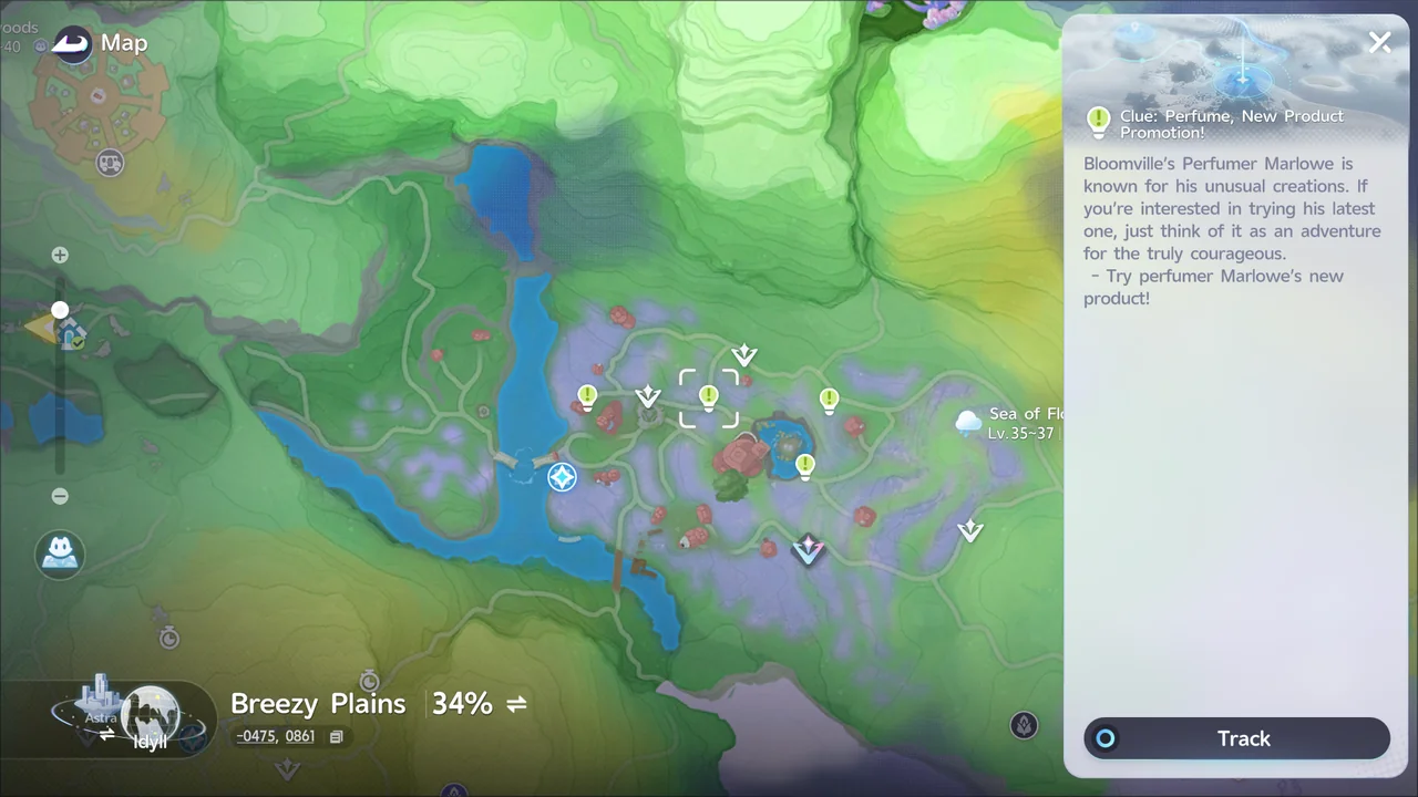 Lightbulb Clue icons on the map, with the panel for Clue: Perfume, New Product Promotion! open