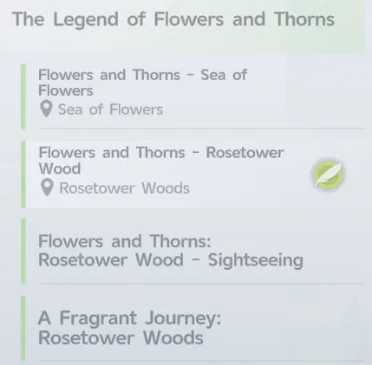 The Legend of Flowers and Thorns series in the Journey tab, where two quest titles use Rosetower Wood and the location tag reads Rosetower Woods