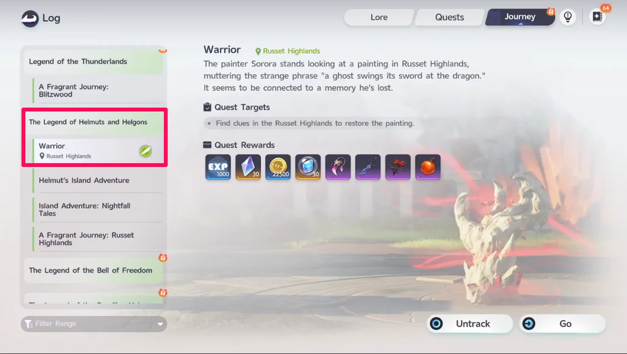 The Journey tab of the Log, showing the Warrior quest in Russet Highlands under The Legend of Helmuts and Helgons