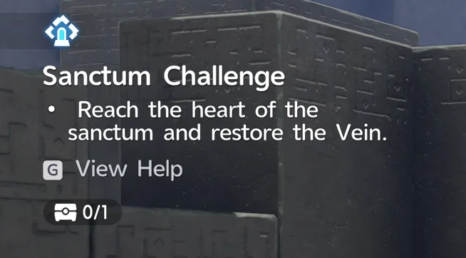 The Sanctum Challenge panel, showing the objective to reach the heart of the sanctum and restore the Vein