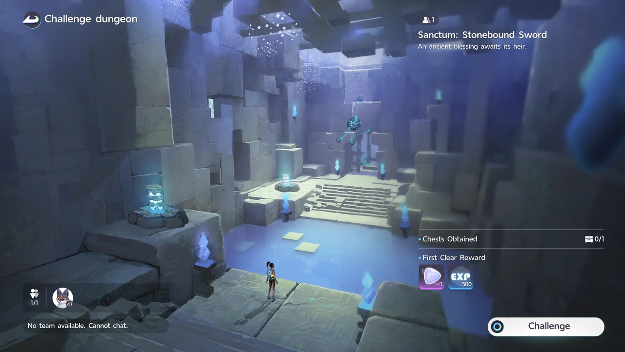 The Challenge dungeon screen for Sanctum: Stonebound Sword, showing 1 challenger and the chest counter