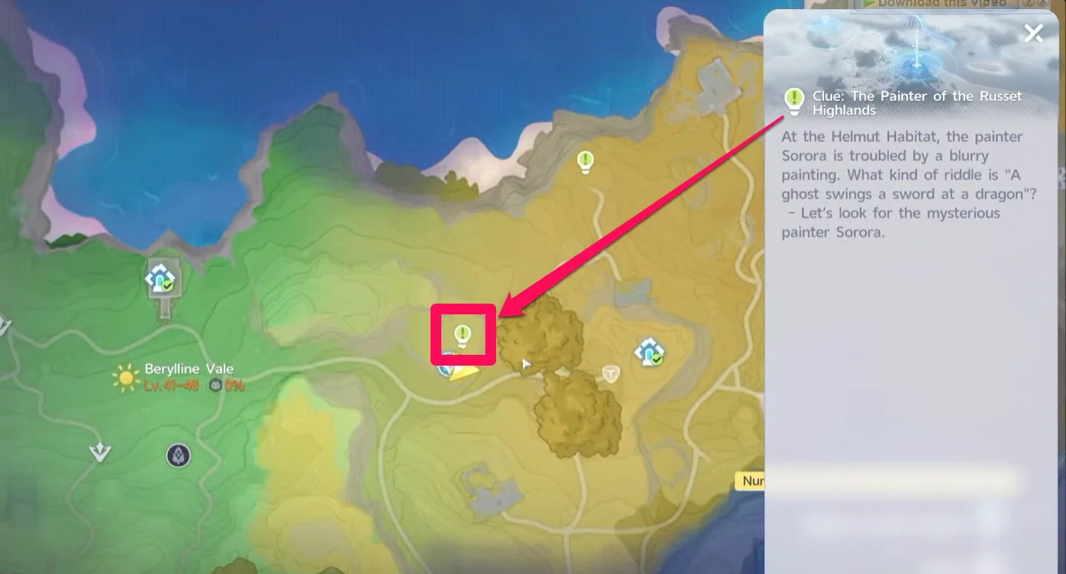 The map with a red arrow pointing to the clue marker for Sorora, with the clue about the painter shown beside it
