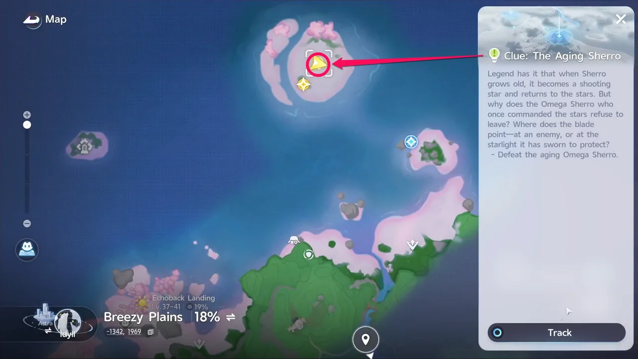 The map at Echoback Landing, showing the lightbulb icon for Clue: The Aging Sherro