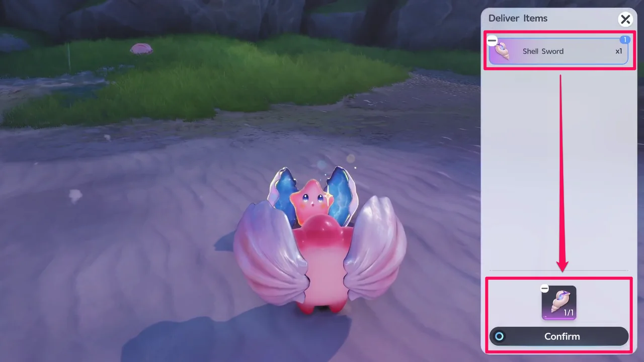 The Deliver Items screen with the Shell Sword selected
