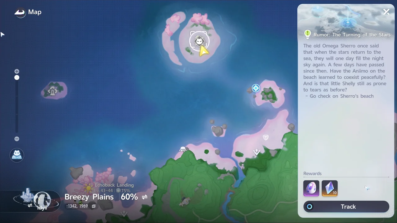 The map panel for Rumor: The Turning of the Stars, showing its rewards