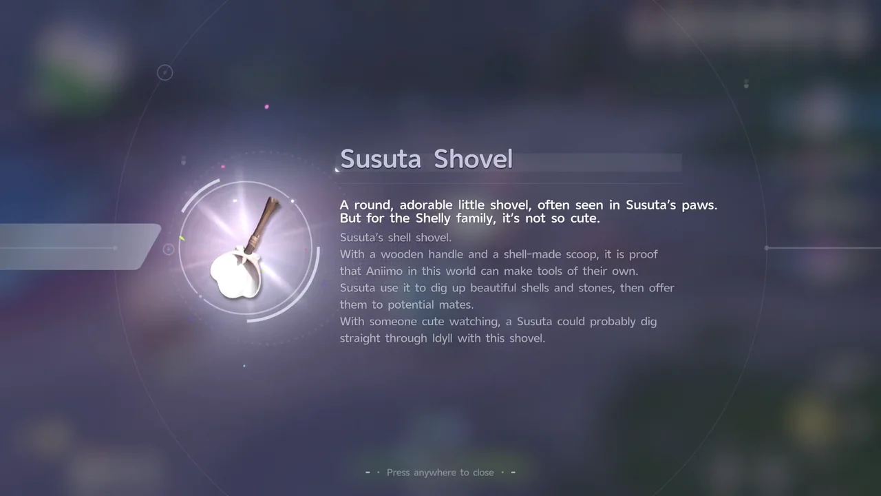 The item details for the Susuta Shovel key item