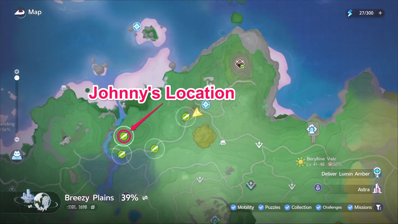 The map of Berylline Vale with four green target markers, and Johnny's location circled at the marker by the river