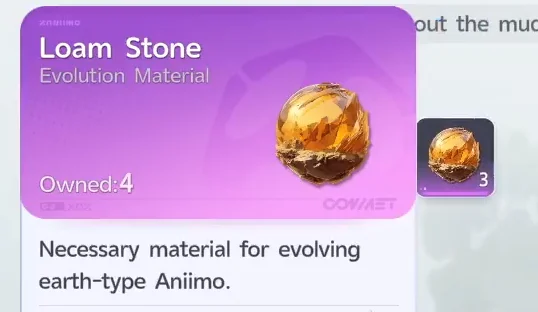 The Loam Stone item details, labeled Evolution Material, next to the Loam Stone x3 reward icon