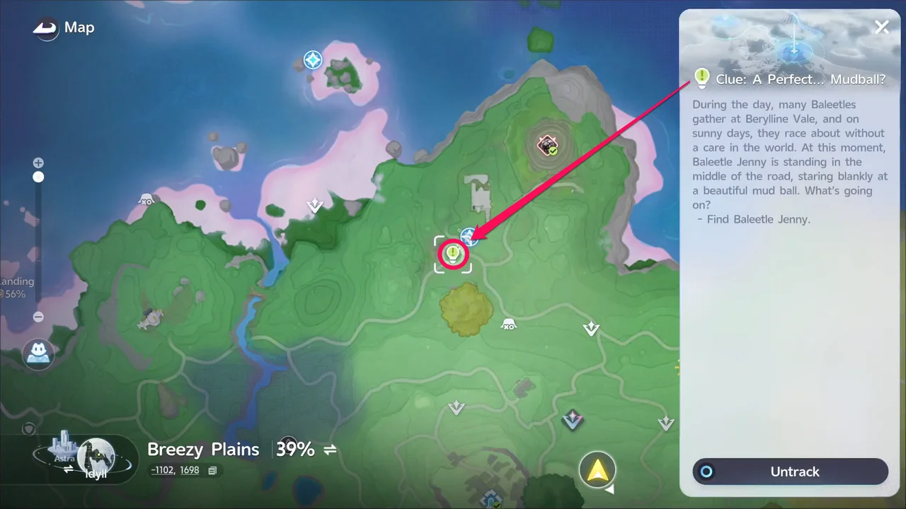 The map with the lightbulb icon for the Clue A Perfect… Mudball? circled, and the Clue panel reading Find Baleetle Jenny