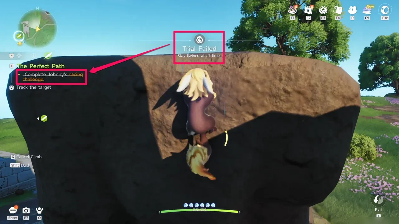 The Trial Failed banner reading Stay twined at all times, with the racing challenge target crossed off in the quest tracker