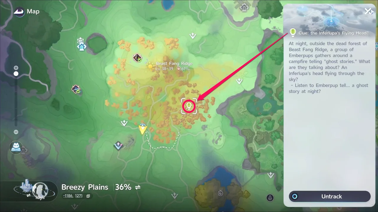 The map of Beast Fang Ridge, showing the lightbulb icon and description for the Clue: the Inferlupa's Flying Head?