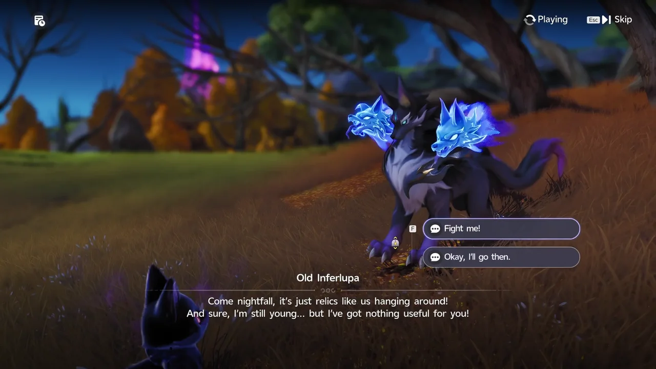 Talking to the Old Inferlupa, with the "Fight me!" choice on screen