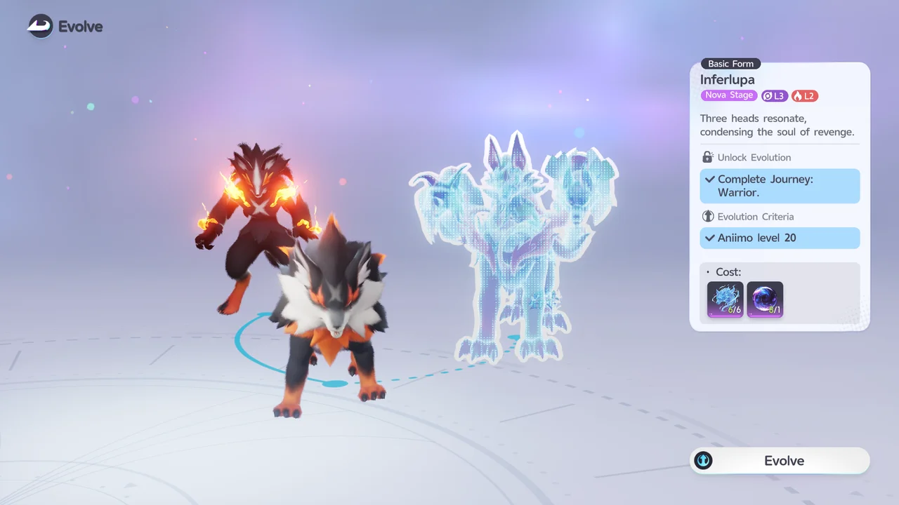 The Evolve screen for Inferlupa (Basic Form), with the Unlock Evolution condition Complete Journey: Warrior checked