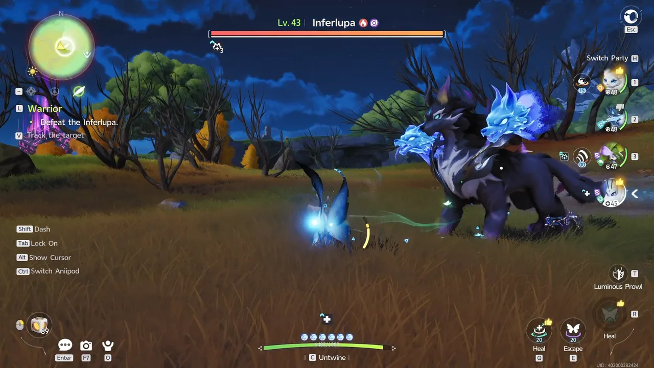 The battle against the Lv.43 Inferlupa, with its health bar and the Warrior objective on screen