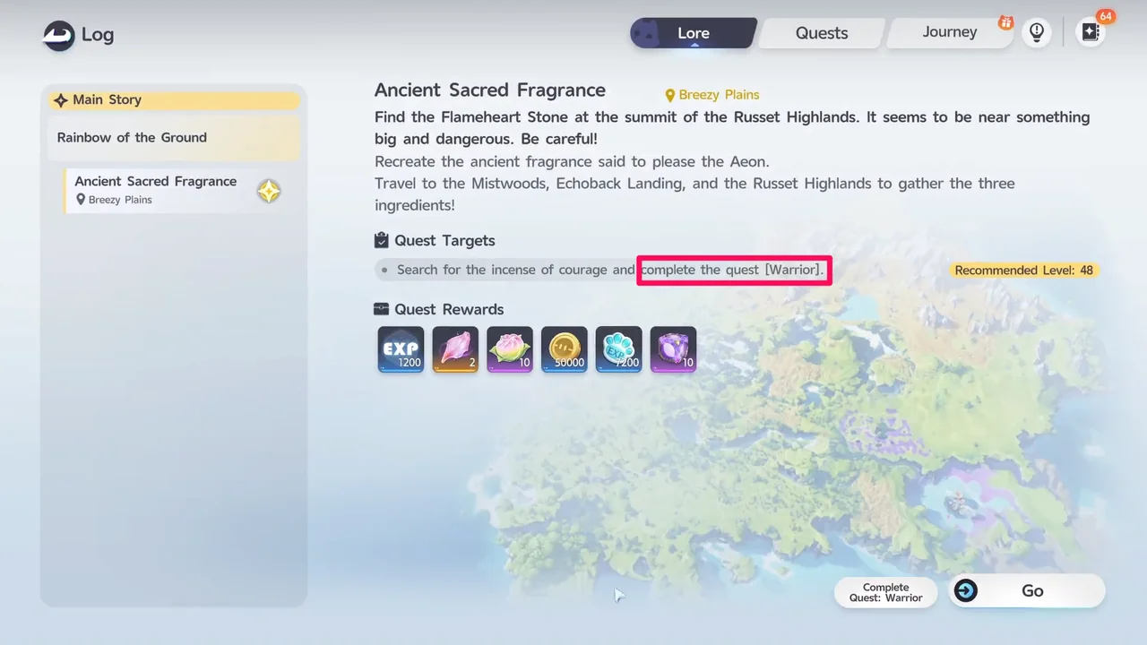 The Ancient Sacred Fragrance page in the Log, with the objective to complete the quest Warrior highlighted