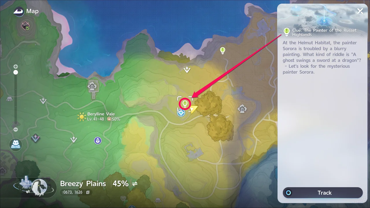 The Breezy Plains map, showing the lightbulb icon for the Warrior Clue in the Russet Highlands