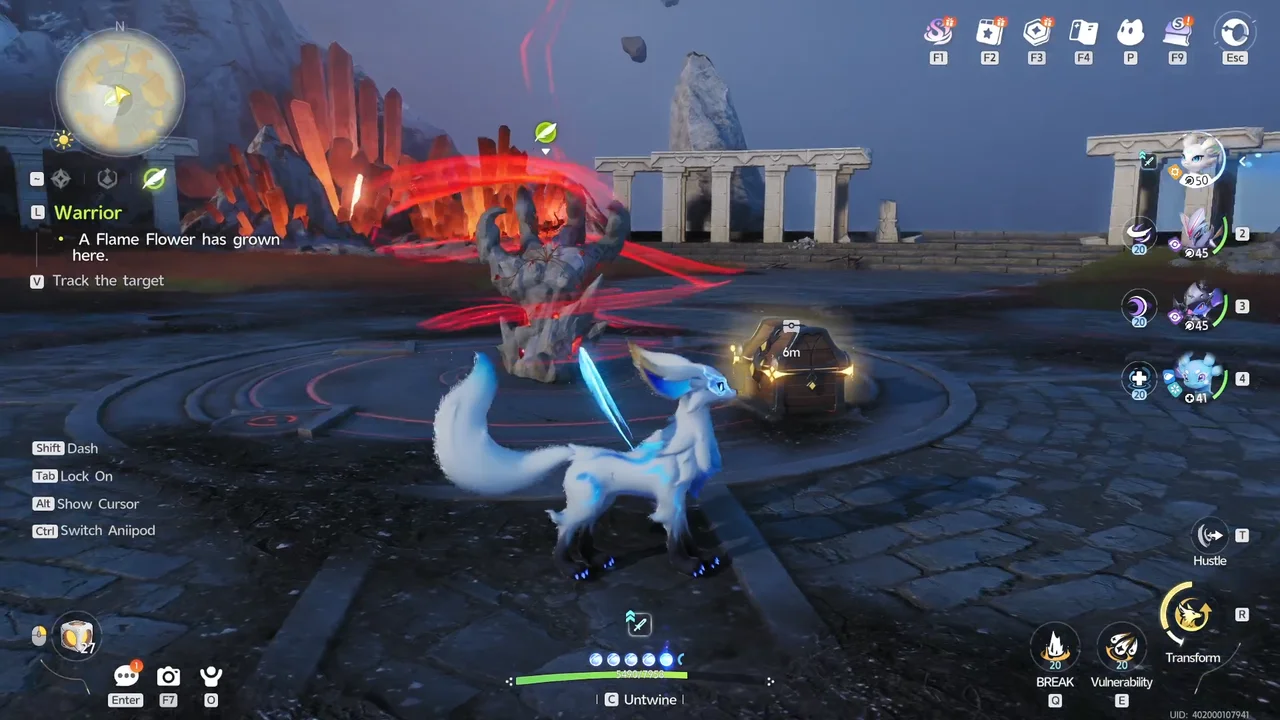 The arena after the boss fight, with the objective "A Flame Flower has grown here." on screen
