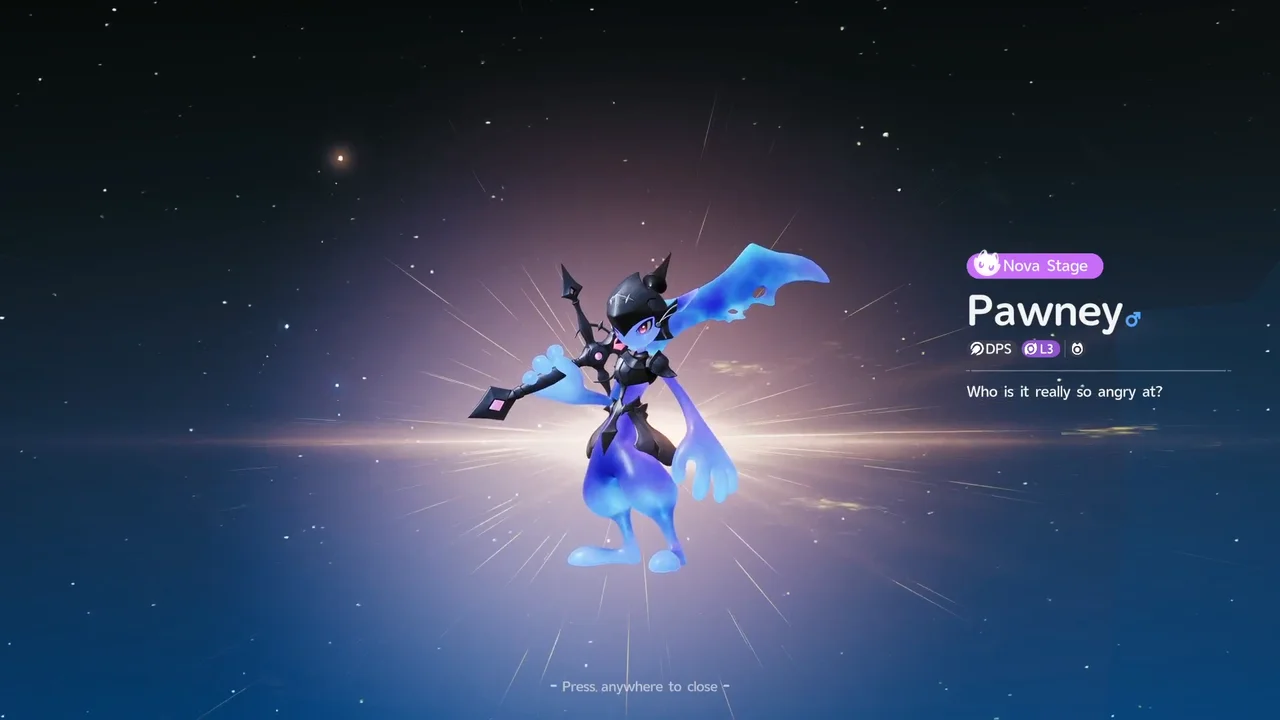 The evolution screen showing Pawney at the Nova Stage with the DPS role